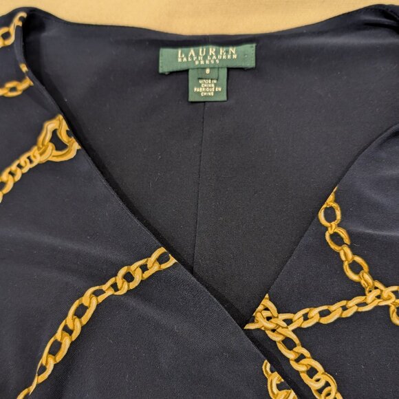 Ralph Lauren Navy Equestrian Chain Print Old Money Wrap Dress - Women's sz 8 - Picture 5 of 14